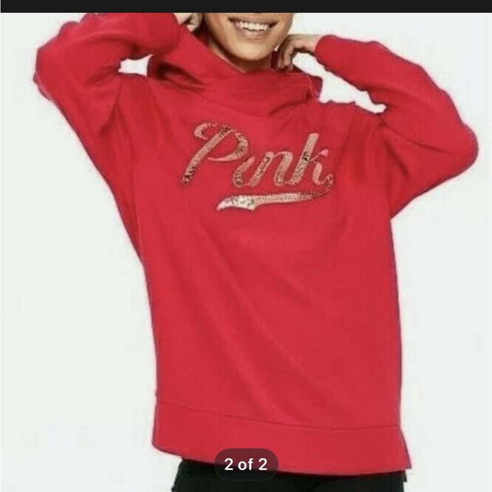 PINK Victoria's Secret Vibrant Red Hoodie Gold bling Pink Logo - Size: Small